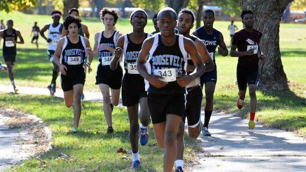 Edward Belsoi (front center) running in the Prince Georges County cross country meet. 