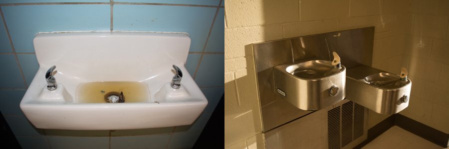 Contrasts, such as that between the above water fountains both at Potomac High School, characterized the high schools across the county.