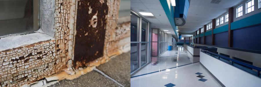 Left: Chipping paint at High Point HS. Right: The sparkling interior of Northwestern HS. 