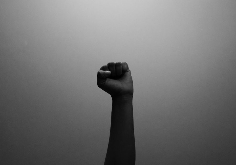 A student raises fist in black power salute.
