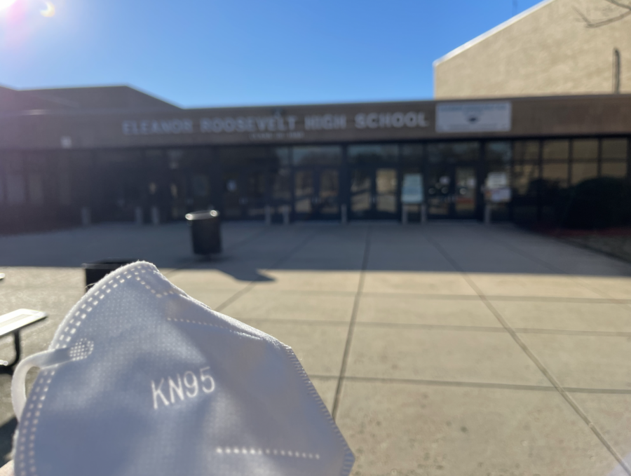 KN-95 Mask in front of Eleanor Roosevelt High Schools front building