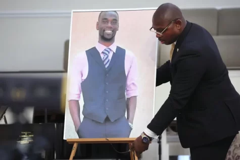 A portrait of Tyre Nichols  displayed at his memorial service for him held on Jan. 17, courtesy of Scott Olson from Getty Images.