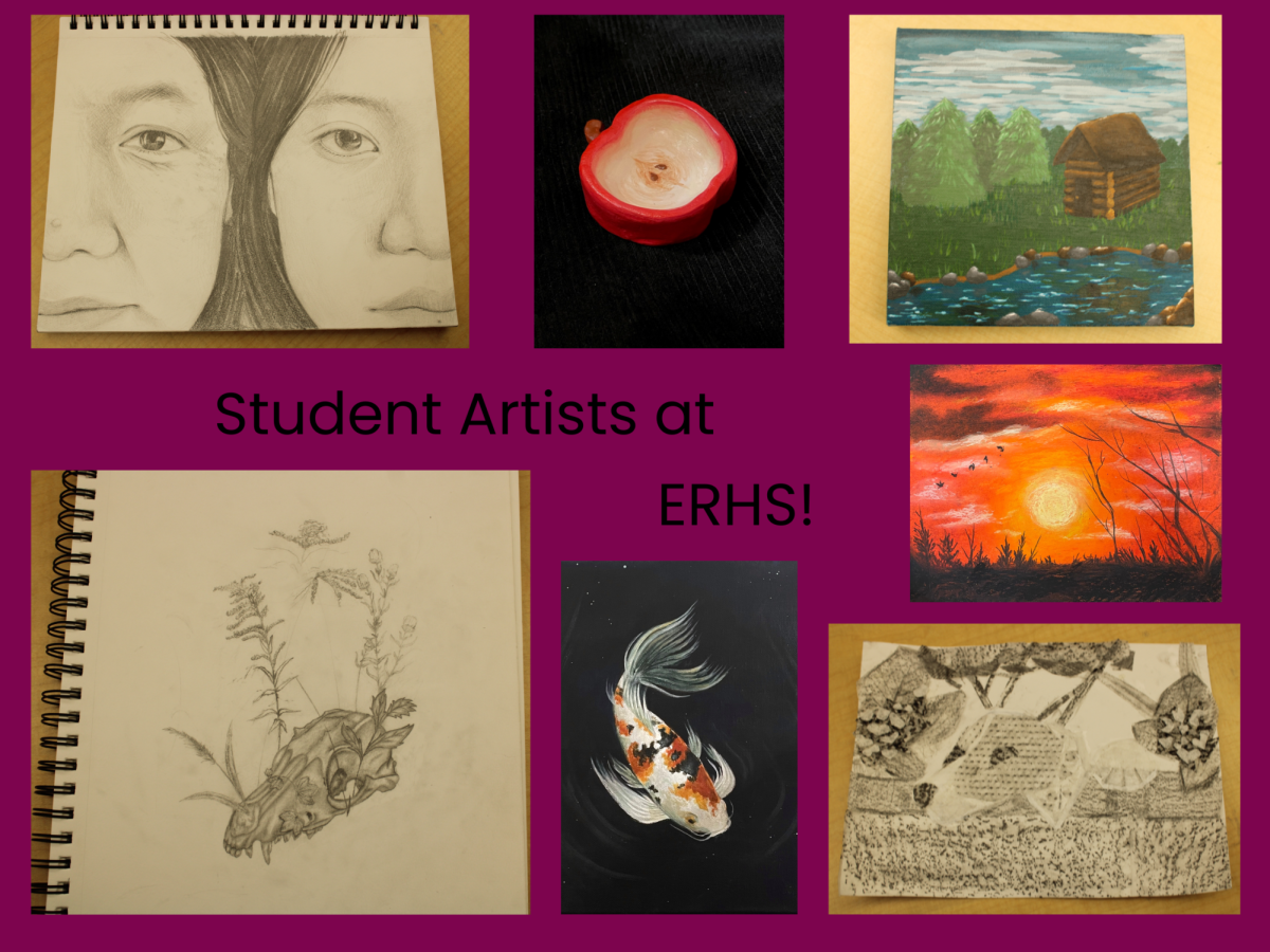 A display of art from three student artists at ERHS. Close ups with their names are in the gallery at the bottom of the article.