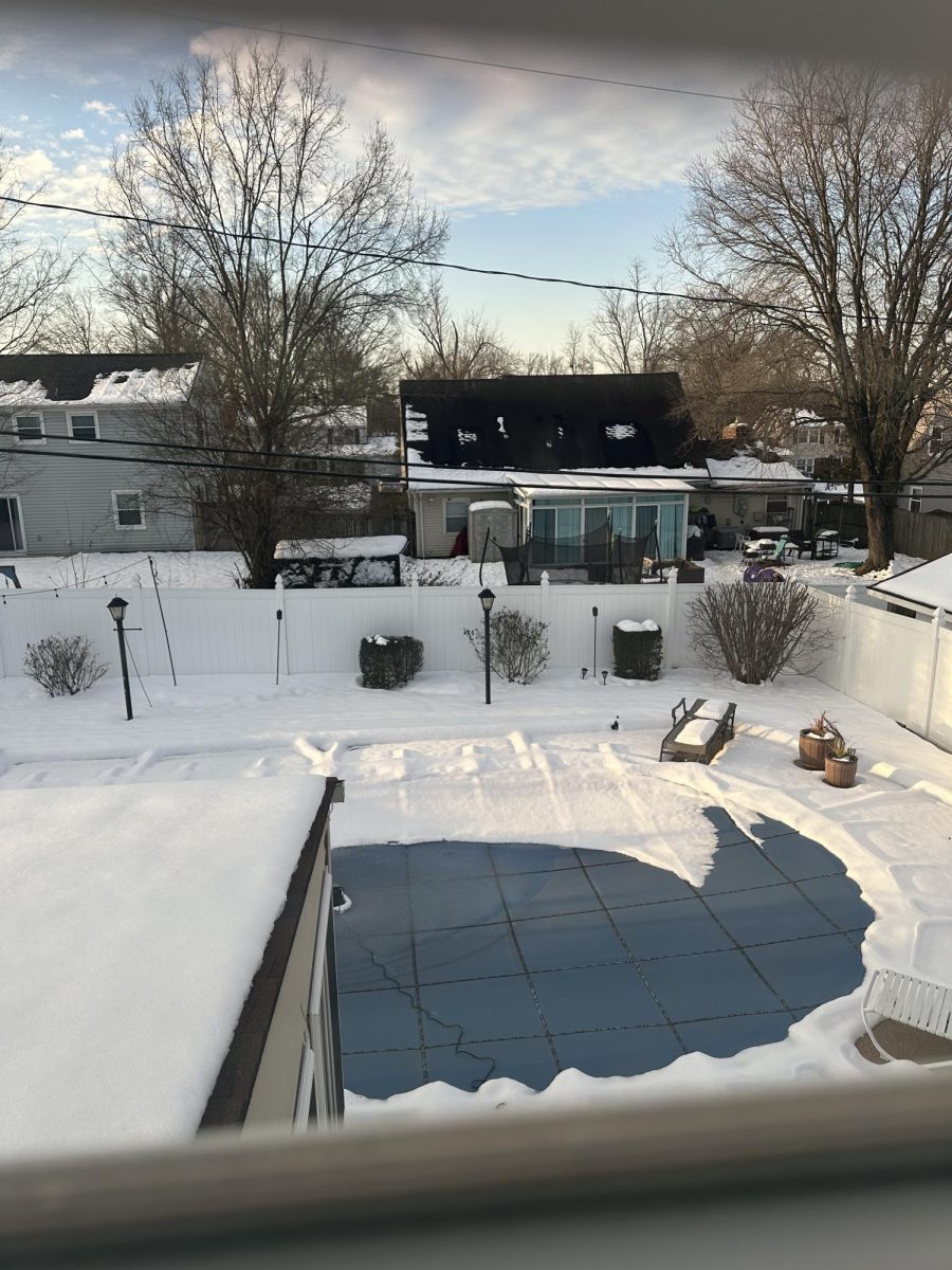 Snow covering the entirety of the backyard .