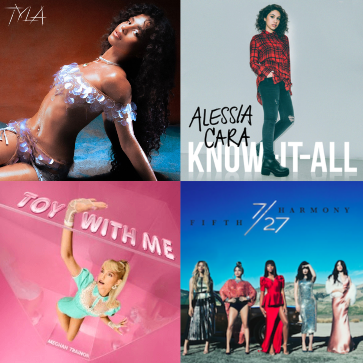 From top left going clockwise: Tyla's self-titled album, Alessia Cara's album Know-It-All, Fifth Harmony's album 7/27, and Meghan Trainor's album Toy With Me